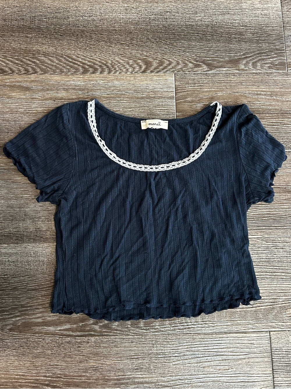 marci Navy Short Sleeve Top with White Lace Trim